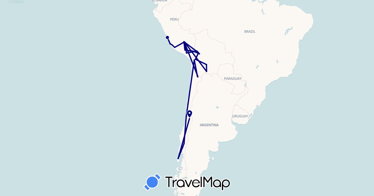 TravelMap itinerary: driving, plane in Bolivia, Chile, Peru (South America)